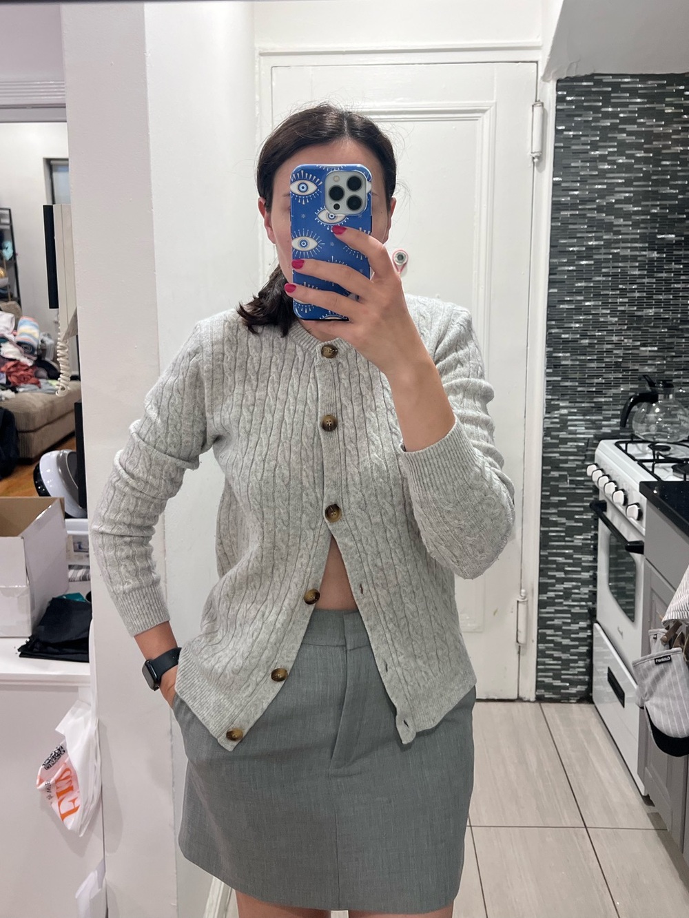 Light Gray Cable-Knit Button-Up Cardigan Sweater for Women